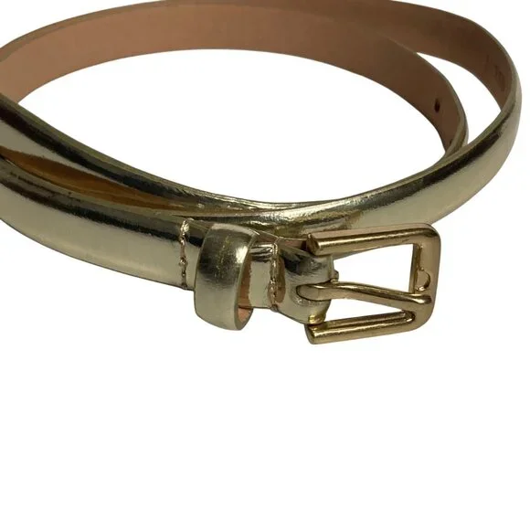 J Crew Metallic Gold Skinny Leather Belt Womens Small Classic Preppy Evening - Picture 2 of 8
